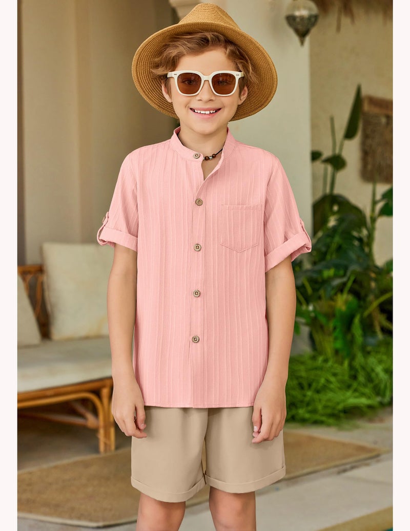 Arshiner Boys 2 Piece Outfits Casual Pink Shirt and khaki Shorts Summer Beach Vacation Wear 7-8 Years - Image 3