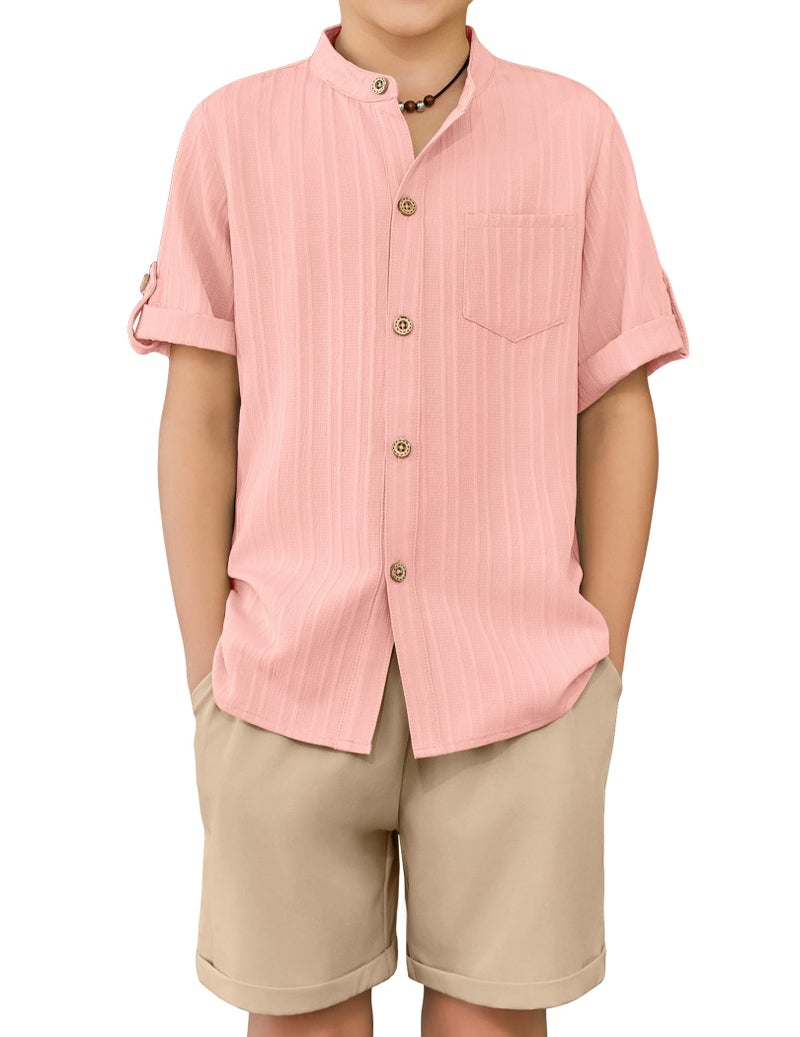 Arshiner Boys 2 Piece Outfits Casual Pink Shirt and khaki Shorts Summer Beach Vacation Wear 7-8 Years - Image 1