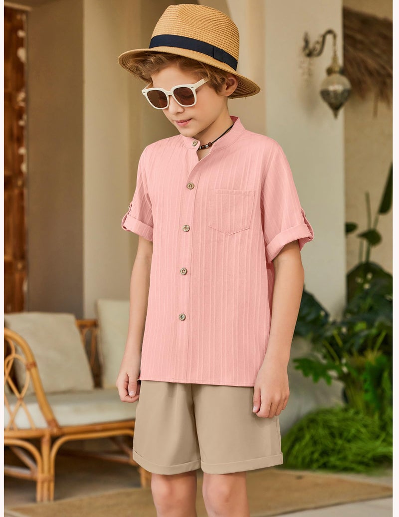 Arshiner Boys 2 Piece Outfits Casual Pink Shirt and khaki Shorts Summer Beach Vacation Wear 7-8 Years - Image 4