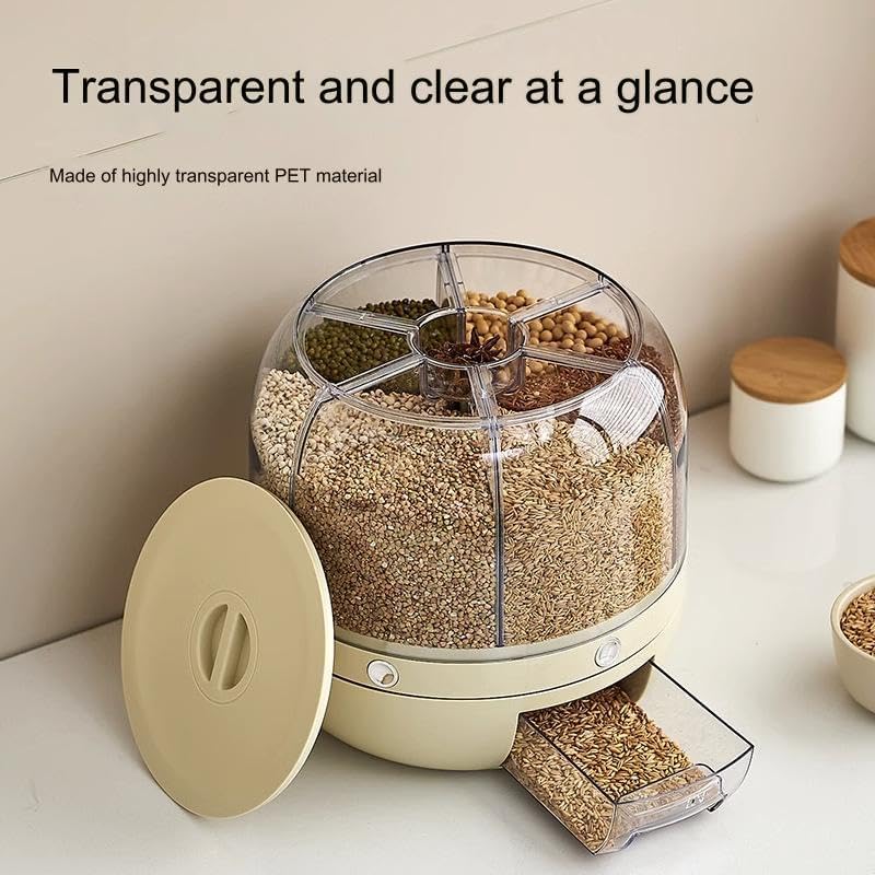 Dravizon Grain Dispenser, Rotating Rice Dispenser Storage Container, 6-Compartment Dry Food Dispenser with Measuring Cup, Food Storage Containers for Kitchen Small Grains, Beans, Rice - Image 3