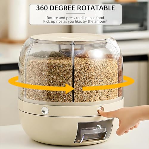 Dravizon Grain Dispenser, Rotating Rice Dispenser Storage Container, 6-Compartment Dry Food Dispenser with Measuring Cup, Food Storage Containers for Kitchen Small Grains, Beans, Rice - Image 4