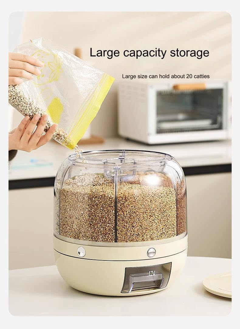 Dravizon Grain Dispenser, Rotating Rice Dispenser Storage Container, 6-Compartment Dry Food Dispenser with Measuring Cup, Food Storage Containers for Kitchen Small Grains, Beans, Rice - Image 2