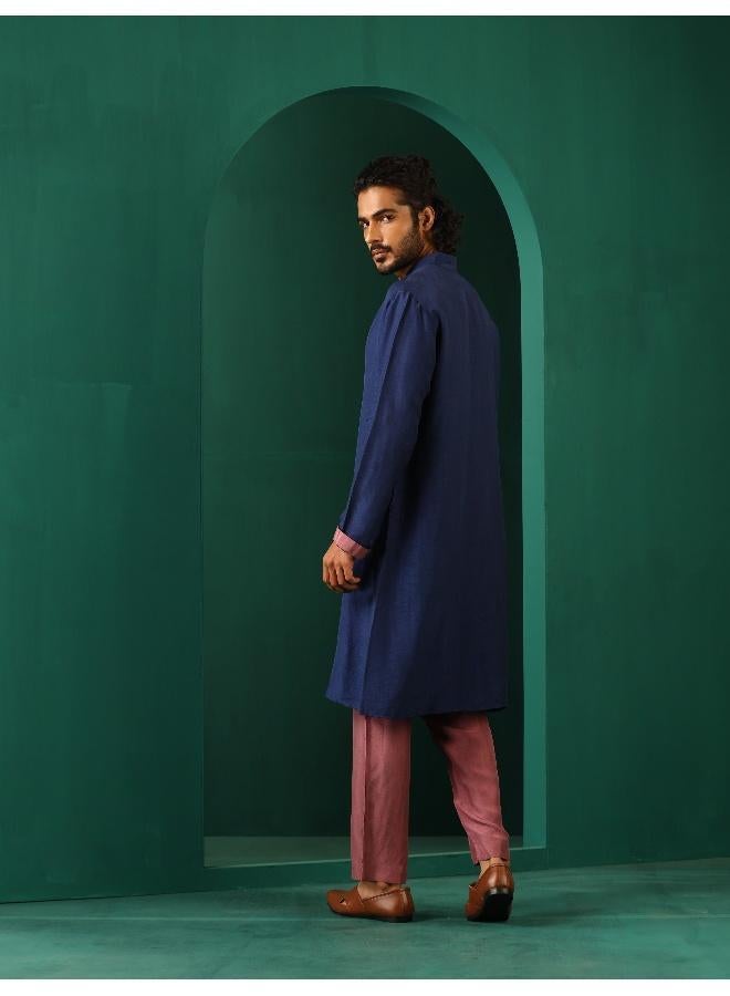 trueBrowns Men's Blue Silk Long Kurta  - Image 3