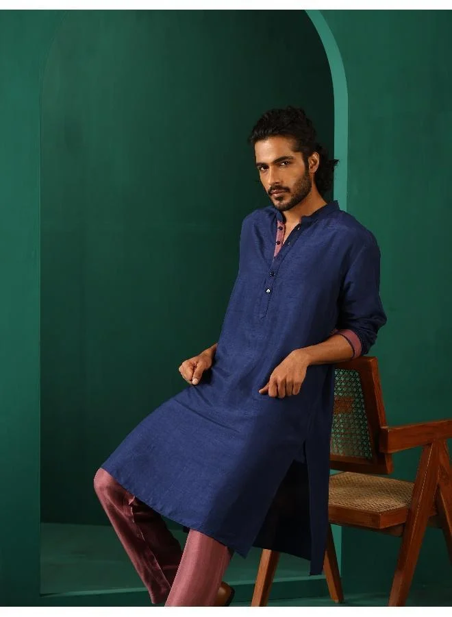 trueBrowns Men's Blue Silk Long Kurta