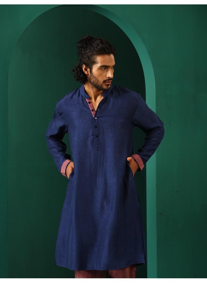 trueBrowns Men's Blue Silk Long Kurta  - Image 5