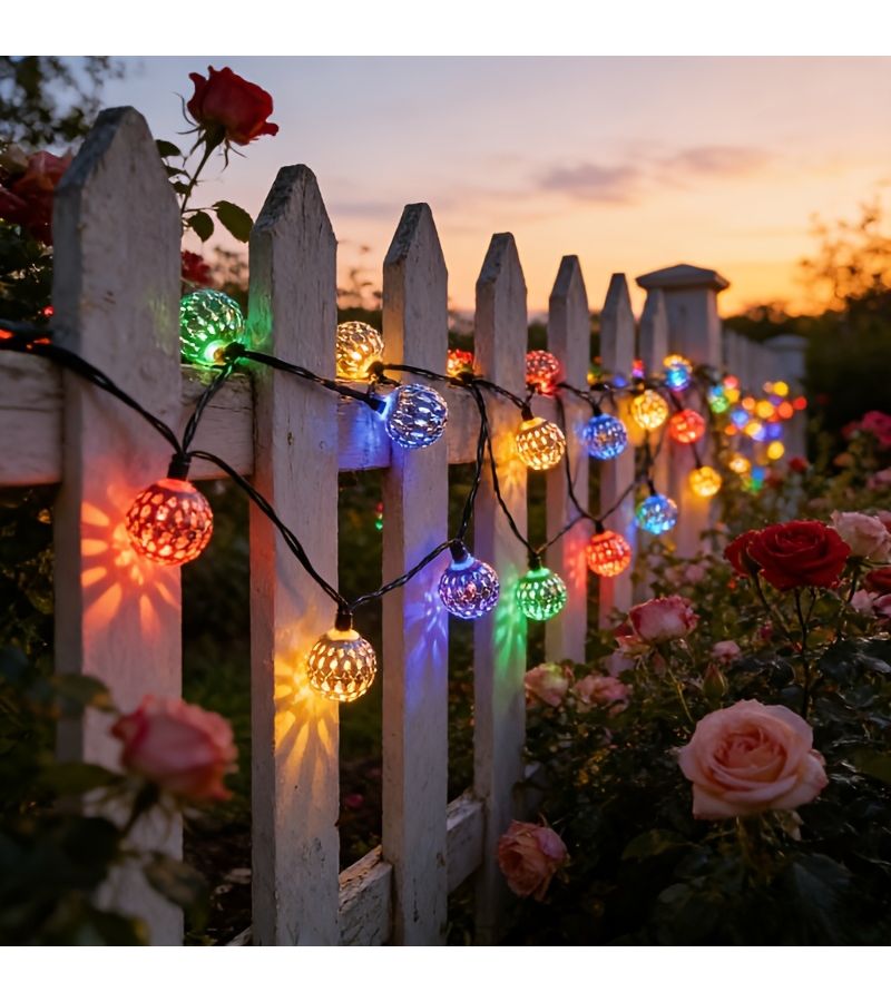 Solar Powered Moroccan Iron Rope Lights Golden Small Ball Color Light 196.84 Inch For Garden Courtyard Party Outdoor Night Decoration - Image 1