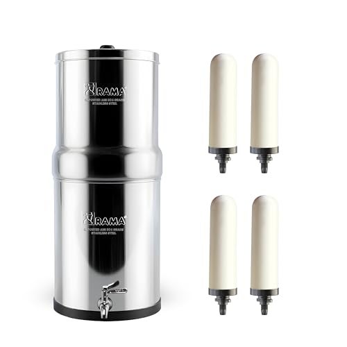 RAMA Gravity Water Filter | 17L Total Capacity (8L Storage) | 304 Stainless Steel Non-Electric Water Purifier Filter for Home | Includes 4 Spirit 7" Ceramic Candles & Steel Tap | 10-Year Warranty - Image 1