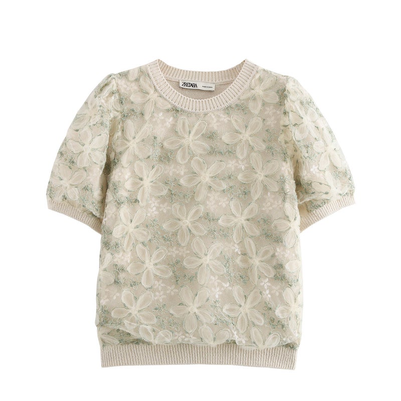 ZR Womens Clothing European and American Style 2024 Autumn New French Crochet Bead Embroidery Stitching Short-sleeved Sweater Top Picture color