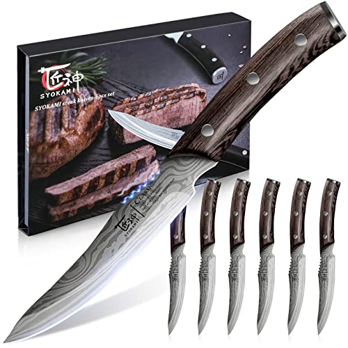 SYOKAMI Steak Knives Set of 6, 4.8 Inch Carbon Steel Japanese Style Non-Serrated Meat Knife with Damascus Pattern, Ergonomic Full-Tang Non-Slip Wooden Handle, Thanksgiving Christmas Cooking Gifts - Image 1