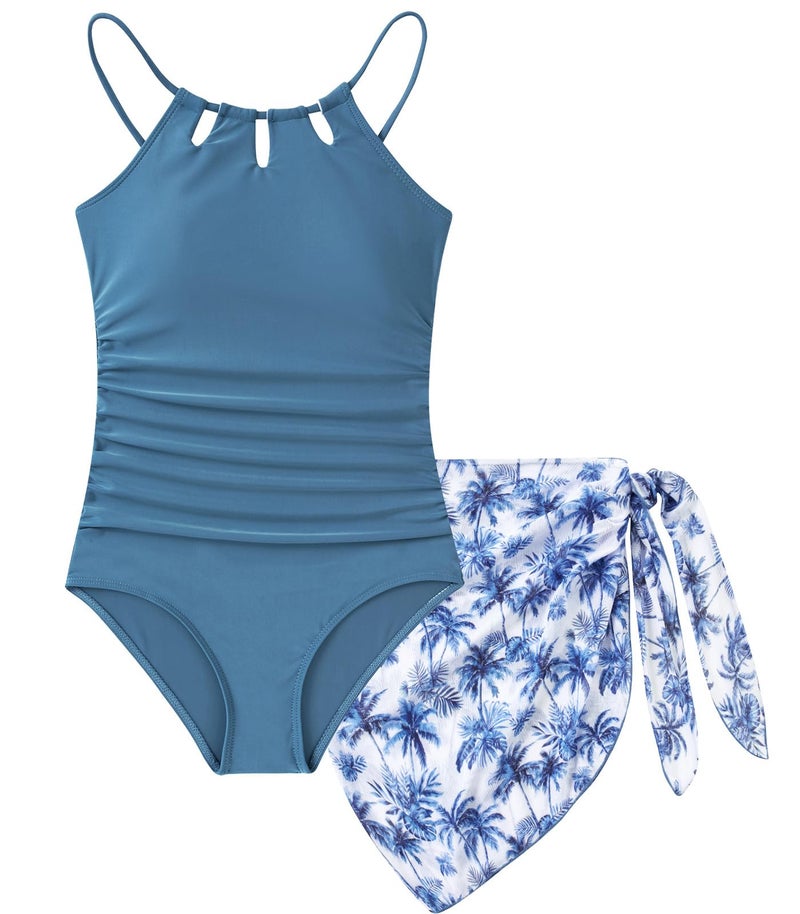 Cuddomper Girls Swimsiut Size 11-12 Blue Teen One-Piece Bathing Suit with Tropical Print Mesh Cover Ups Cut Out Adjustable Straps Summer Swimwear - Image 1