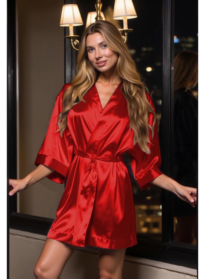 Turquaz Women's Floral Bride Bridesmaids Robe - Satin Kimono Robes for Wedding & Bridal Party - Silk Like Lightweight Robes for Women, Red, S - Image 4