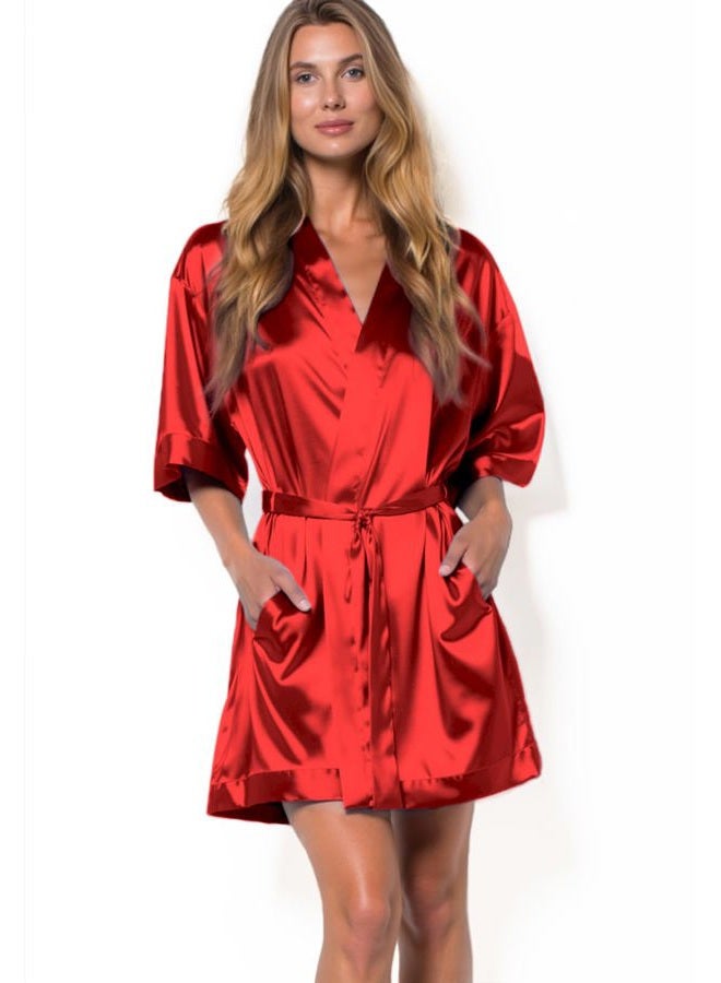 Turquaz Women's Floral Bride Bridesmaids Robe - Satin Kimono Robes for Wedding & Bridal Party - Silk Like Lightweight Robes for Women, Red, S - Image 2