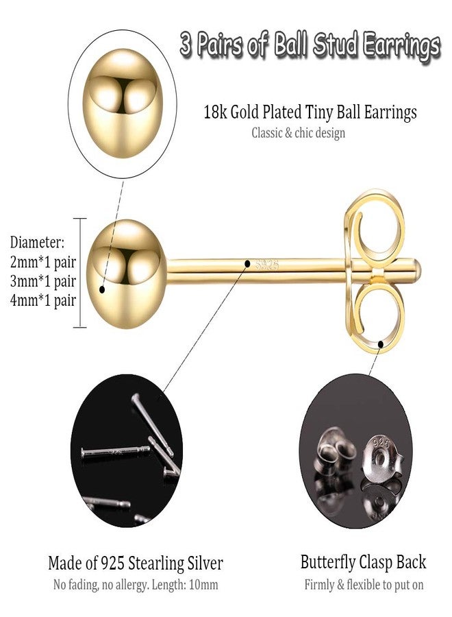 EPIRORA Sterling Silver Stud Earrings for Women- 3 Pairs Tiny Ball Stud Earrings Round CZ Cubic Zirconia Earrings Set Cartilage Small Tragus Earrings (Ball earrings(2mm,3mm,4mm)-Gold) - Image 2