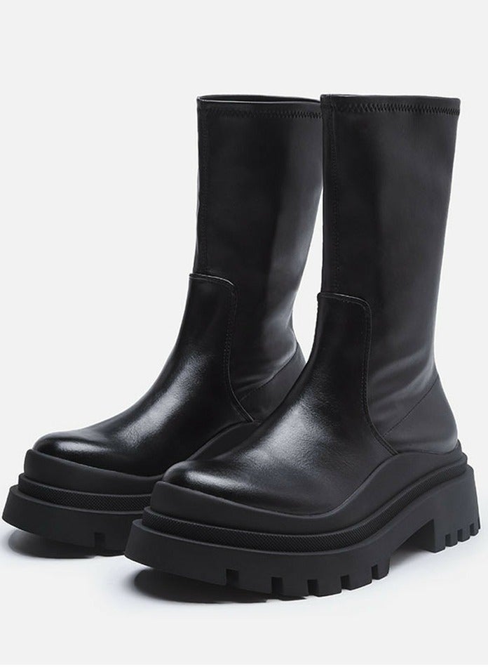 Loquat Women's Platform Boots Mid Calf Elastic Chunky Block Heel Elastic tube Martin Boots  - Image 1