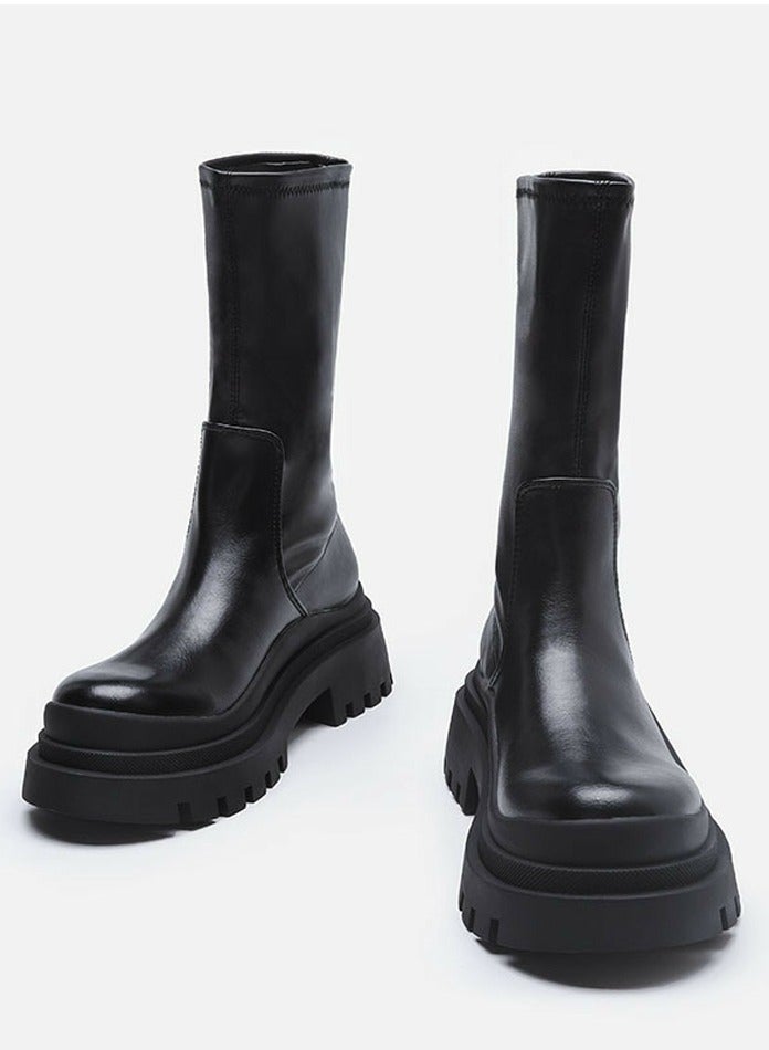 Loquat Women's Platform Boots Mid Calf Elastic Chunky Block Heel Elastic tube Martin Boots  - Image 2