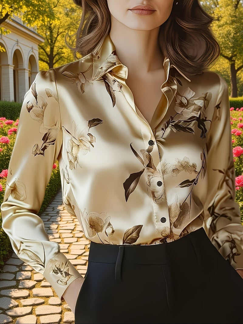 Qi Ta Women's Satin Long-Sleeve Blouse with 3D Floral Print, Turn-Down Collar, Loose Fit - Image 1