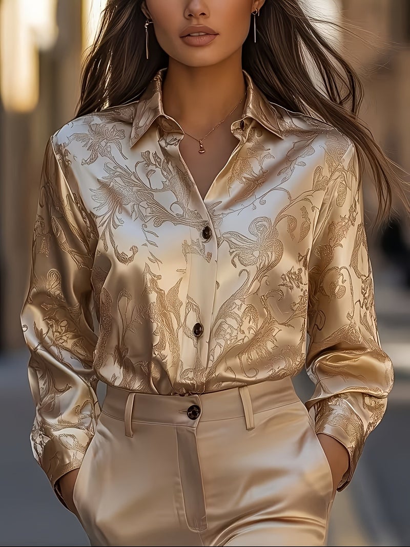 Qi Ta Women's Satin Long-Sleeve Blouse with 3D Floral Print, Turn-Down Collar, Loose Fit - Image 3