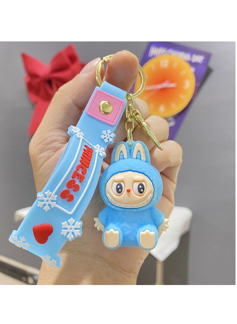 Generic Labubu Cute New Dress Labubu Sitting Cute Series Keychain Car Backpack Doll Gift Keychain (Blue) 