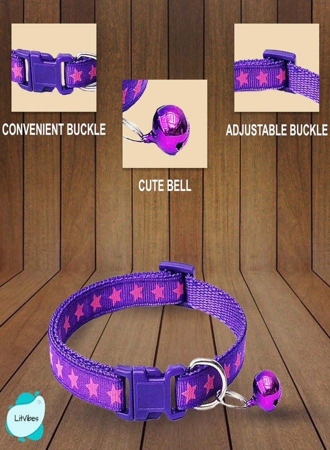 Litvibes Cat & Puppy Collar with Bell,Kitten & Small Dogs Soft Adjustable,Safe,Solid & Protective Breakaway for Cats & Puppies,Cute Kitty Neckband with Stars Print-(Purple) - Image 2