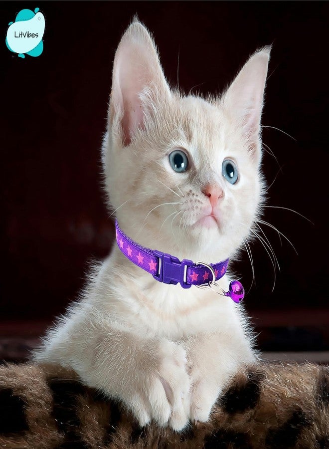 Litvibes Cat & Puppy Collar with Bell,Kitten & Small Dogs Soft Adjustable,Safe,Solid & Protective Breakaway for Cats & Puppies,Cute Kitty Neckband with Stars Print-(Purple) - Image 3