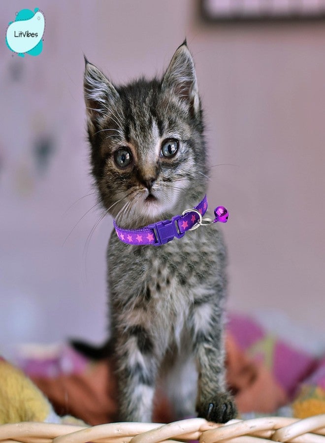 Litvibes Cat & Puppy Collar with Bell,Kitten & Small Dogs Soft Adjustable,Safe,Solid & Protective Breakaway for Cats & Puppies,Cute Kitty Neckband with Stars Print-(Purple) - Image 4
