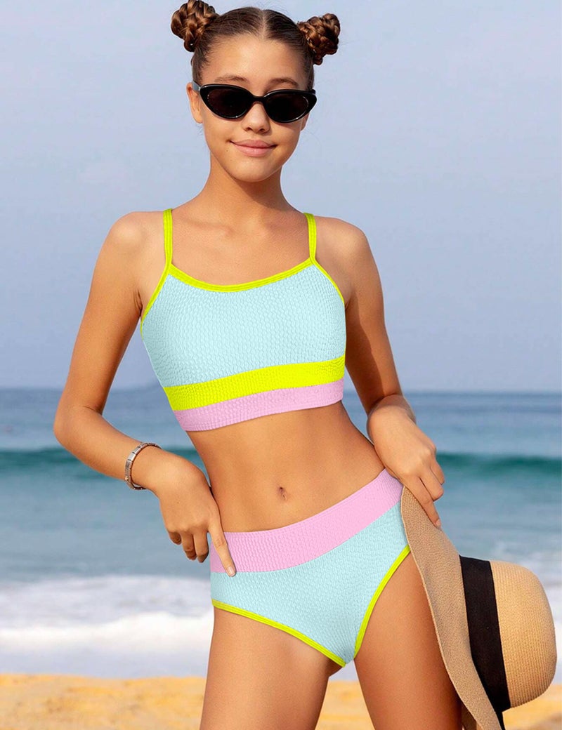 TALLWH Girls Swimsuit, Bathing Suit for Girls Casual Color-Block Adjustable Straps Bikini Sets Swim Suit 9-10 Years - Image 3