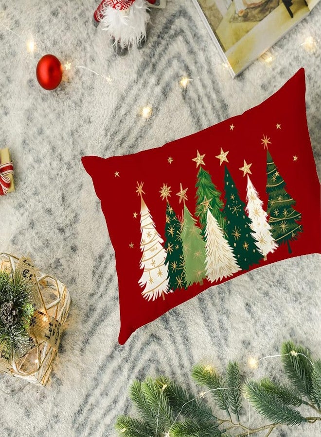 RABUSOFA أغطية وسائد شجرة عيد الميلاد RABUSOFA 12x20 بوصة، وسائد زينة عيد الميلاد بألوان مائية، وسائد رمي زخرفية بنجوم عيد الميلاد، غلاف وسادة قطنية للديكور المنزلي على الأريكة في عطلة الشتاء (4-أحمر) - Image 4