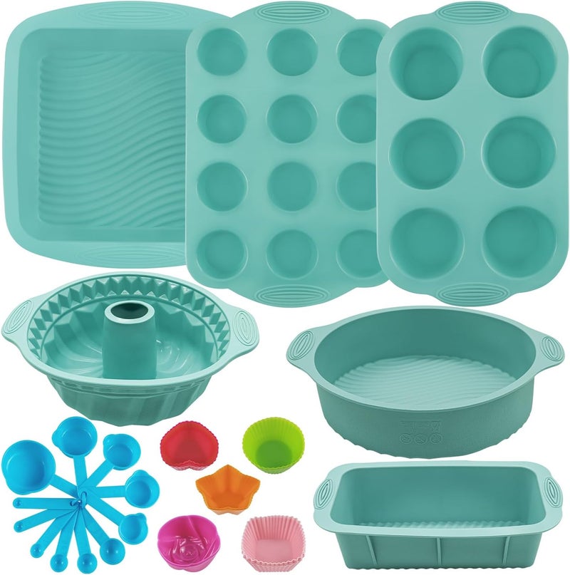 Yumatouch طقم قوالب الخبز السيليكونية 32 قطعة، مجموعة أدوات الخبز غير اللاصقة لمطبخ الفرن، قوالب كعك سيليكون، قالب كعك دائري/مربع، صينية خبز، قالب خبز، قوالب مافن دونات - Image 1