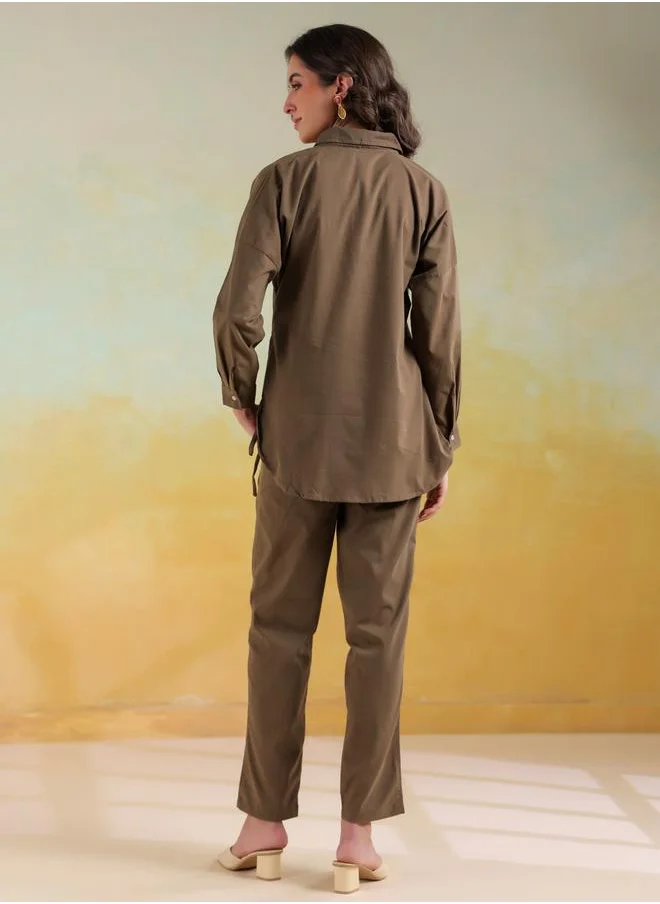 sanskrutihomes Sanskrutihomes Solid Spread Collar Shirt and Pants Co-Ords