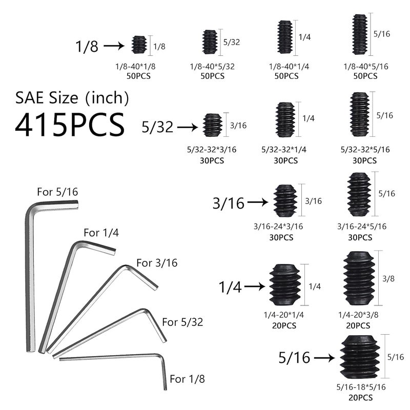 JROUTH 1000pcs Metric + SAE Set Screw Assortment Kit, Internal Hex Drive Cup-Point Allen Screws Set 12.9 Class Alloy Steel Grub Screw (M3-M8, 1/8"-40 to 5/16"-18) - Image 2