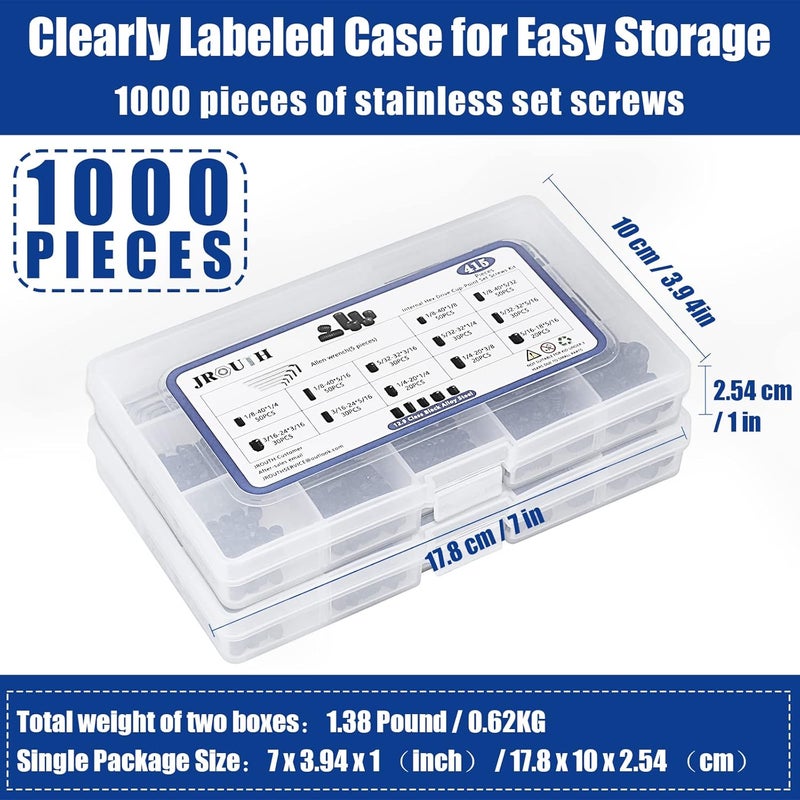 JROUTH 1000pcs Metric + SAE Set Screw Assortment Kit, Internal Hex Drive Cup-Point Allen Screws Set 12.9 Class Alloy Steel Grub Screw (M3-M8, 1/8"-40 to 5/16"-18) - Image 5