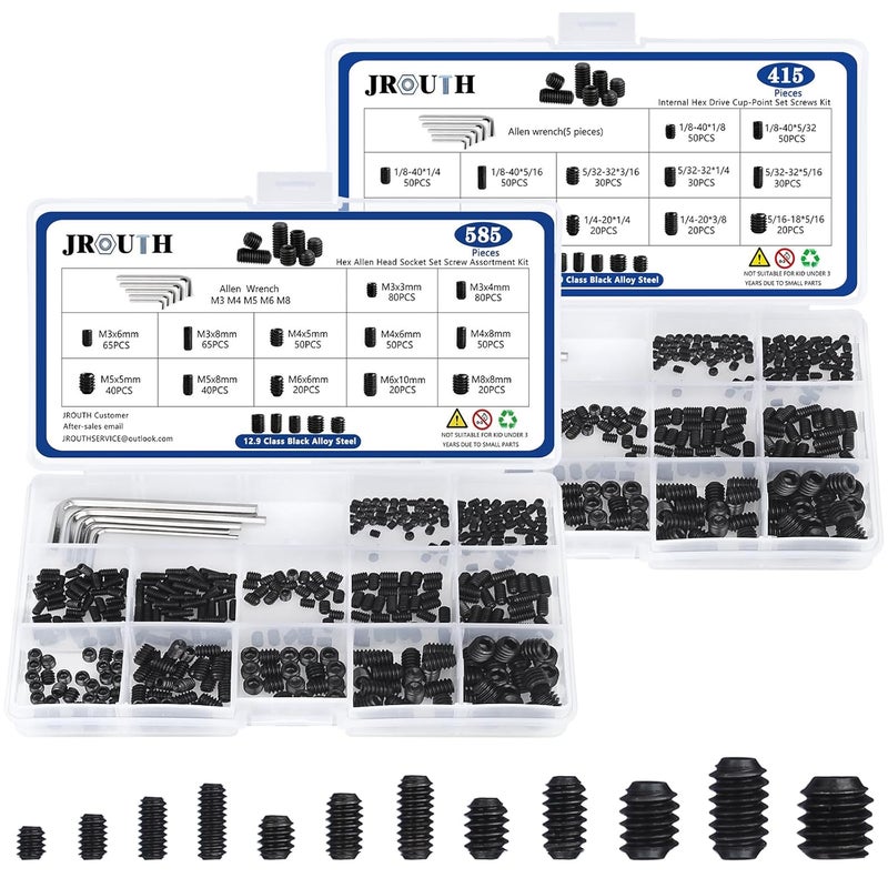 JROUTH 1000pcs Metric + SAE Set Screw Assortment Kit, Internal Hex Drive Cup-Point Allen Screws Set 12.9 Class Alloy Steel Grub Screw (M3-M8, 1/8"-40 to 5/16"-18) - Image 1