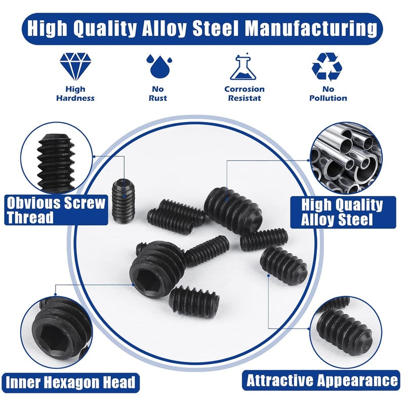 JROUTH 1000pcs Metric + SAE Set Screw Assortment Kit, Internal Hex Drive Cup-Point Allen Screws Set 12.9 Class Alloy Steel Grub Screw (M3-M8, 1/8"-40 to 5/16"-18) - Image 4