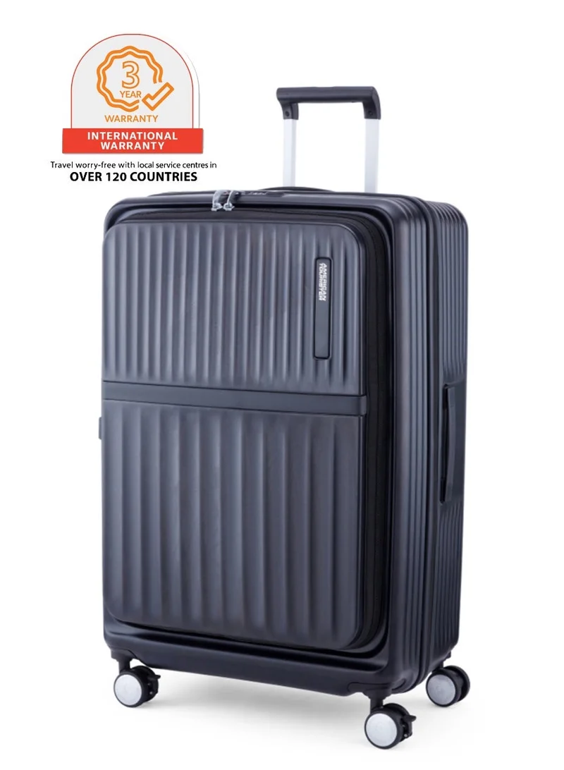 AMERICAN TOURISTER Trento + Suitcase, Check-In Size 76 cm / 28 inch, 4 Spinner Wheels, Hard Top, Polycarbonate, Black|Lightweight|DuoSaf™ Security Zipper|2 In 1 Optimov™ Shock Absorbing Wheels|Book Opening|Expandable|TSA Lock|Waterproof Section - 3 Years International Warranty