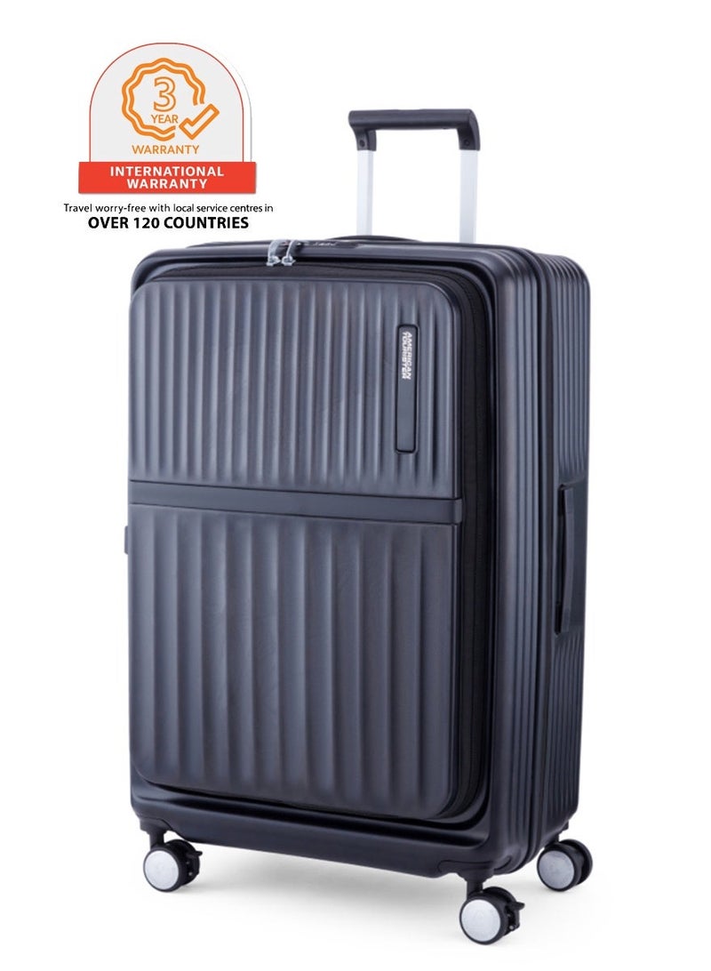 AMERICAN TOURISTER Trento + Suitcase, Check-In Size 76 cm / 28 inch, 4 Spinner Wheels, Hard Top, Polycarbonate, Black|Lightweight|DuoSaf™ Security Zipper|2 In 1 Optimov™ Shock Absorbing Wheels|Book Opening|Expandable|TSA Lock|Waterproof Section - 3 Years International Warranty - Image 1