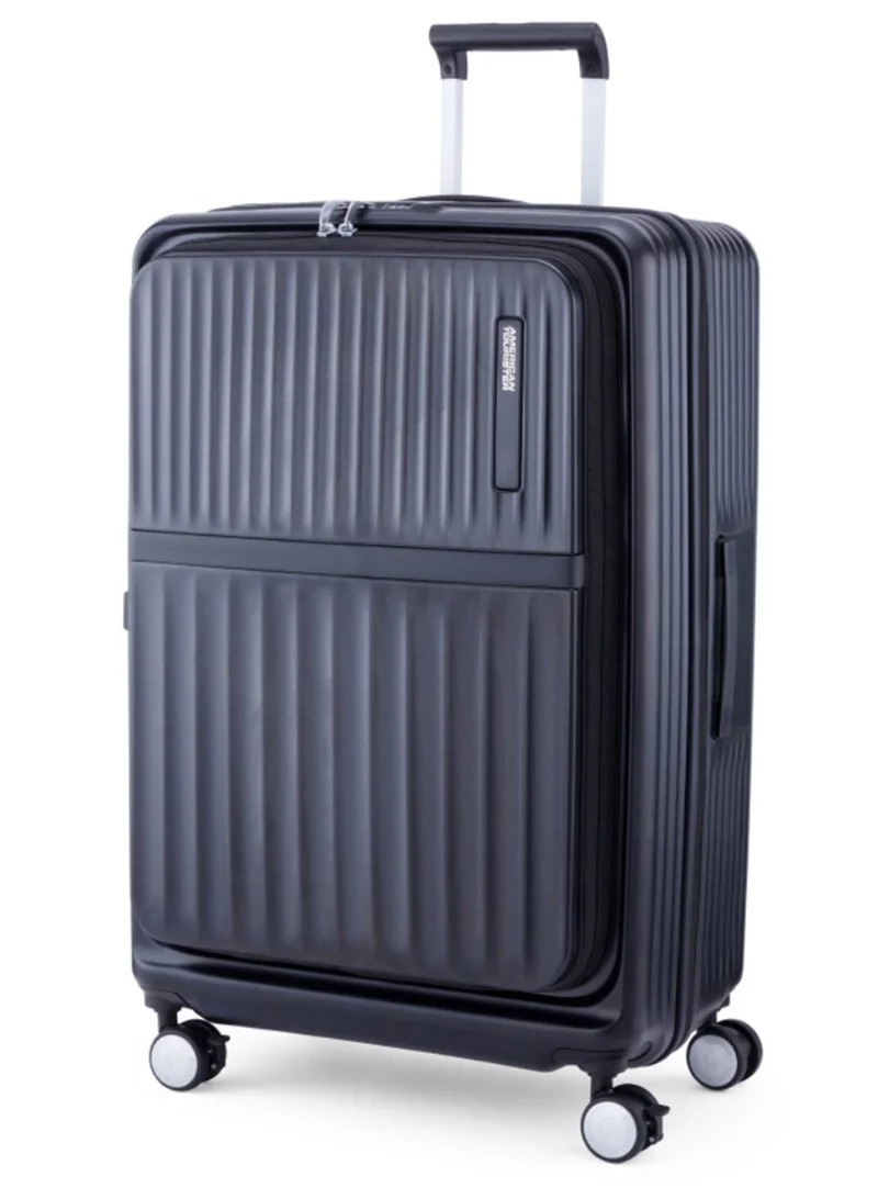 AMERICAN TOURISTER Trento + Suitcase, Check-In Size 76 cm / 28 inch, 4 Spinner Wheels, Hard Top, Polycarbonate, Black|Lightweight|DuoSaf™ Security Zipper|2 In 1 Optimov™ Shock Absorbing Wheels|Book Opening|Expandable|TSA Lock|Waterproof Section - 3 Years International Warranty