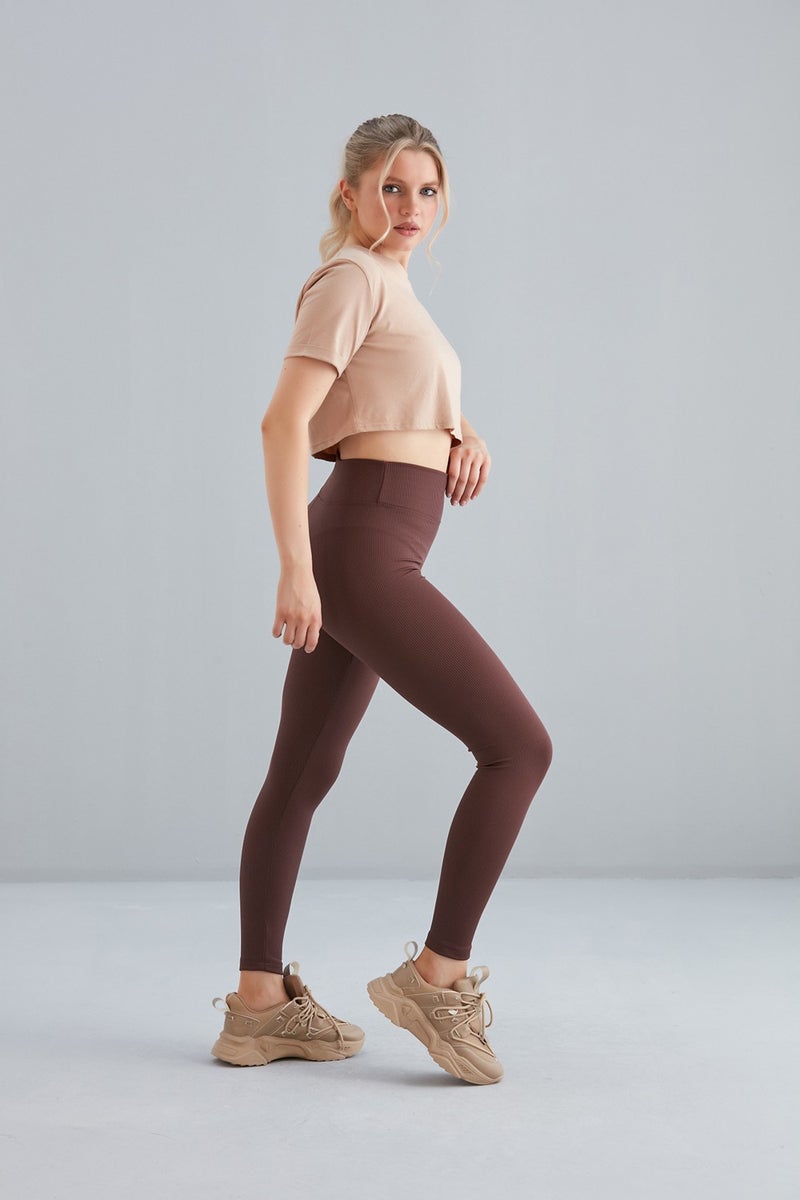Dream Style Women's Brown Polar Fleece Elastic Raised Ribbed Gathering Interlock Winter Knitted Tights  - Image 2