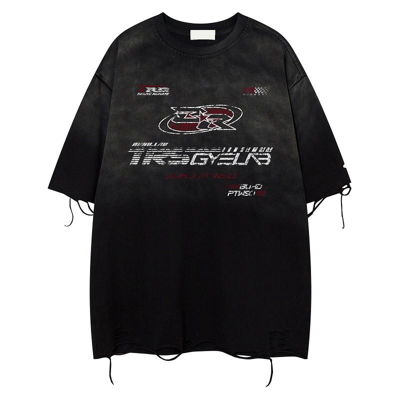 Cut Rough Hole American High Street Washed Racing Heavy Short-Sleeved T-Shirt Men'S And Women'S Retro Loose Fashion Brand Gradient T-Shirt - Image 3