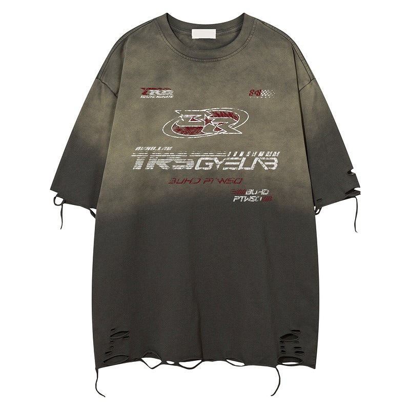Cut Rough Hole American High Street Washed Racing Heavy Short-Sleeved T-Shirt Men'S And Women'S Retro Loose Fashion Brand Gradient T-Shirt - Image 1
