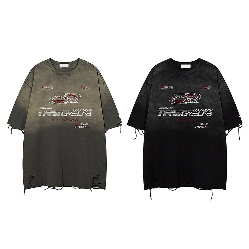 Cut Rough Hole American High Street Washed Racing Heavy Short-Sleeved T-Shirt Men'S And Women'S Retro Loose Fashion Brand Gradient T-Shirt - Image 4