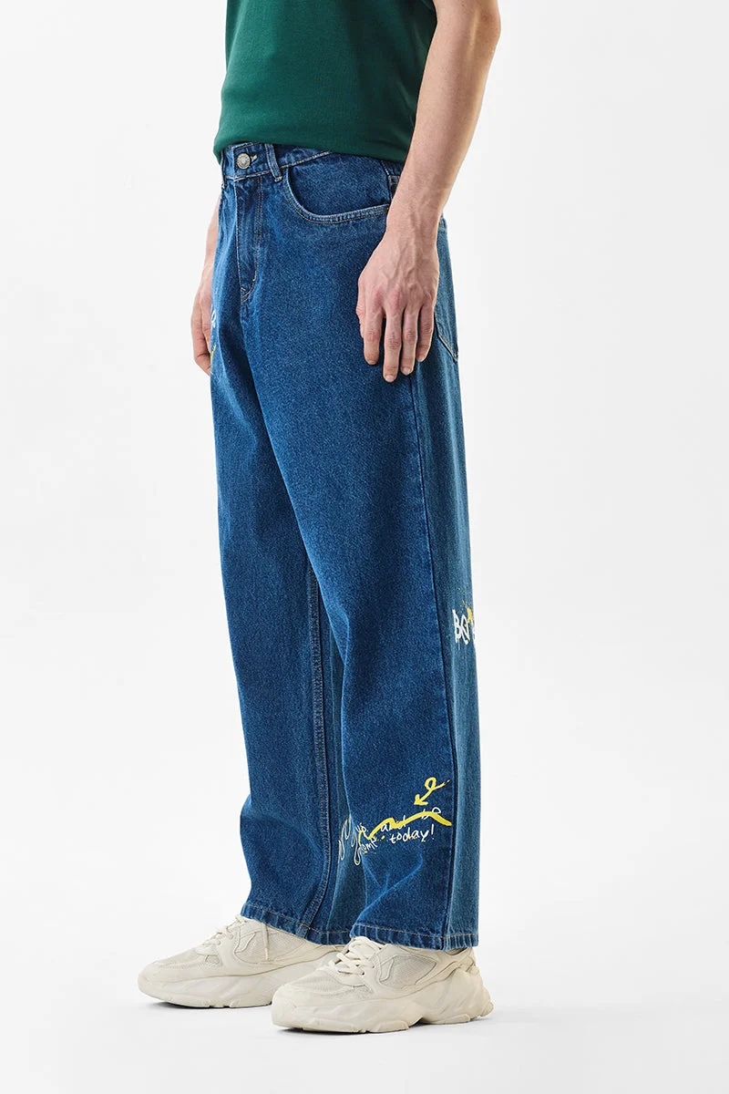 SNITCH Blue Graphic Wide Leg Streetwear Jeans