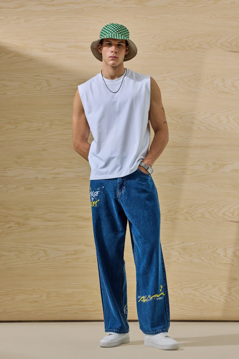 SNITCH Blue Graphic Wide Leg Streetwear Jeans