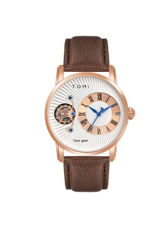 TOMI Men's Luxury Quartz Watch Gift Set - Rose Gold Case, White Dial, and Two Interchangeable Leather Straps - Image 5
