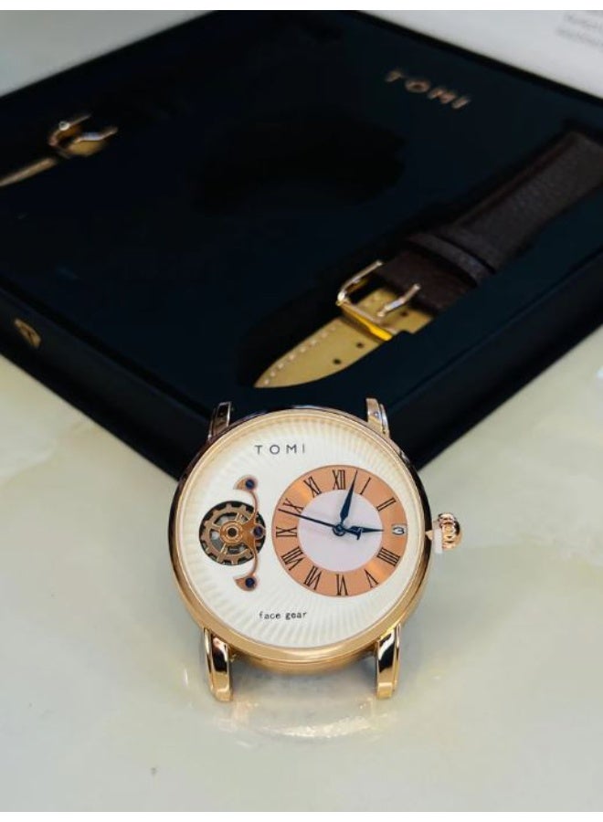 TOMI Men's Luxury Quartz Watch Gift Set - Rose Gold Case, White Dial, and Two Interchangeable Leather Straps - Image 2