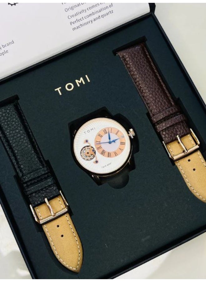 TOMI Men's Luxury Quartz Watch Gift Set - Rose Gold Case, White Dial, and Two Interchangeable Leather Straps - Image 3