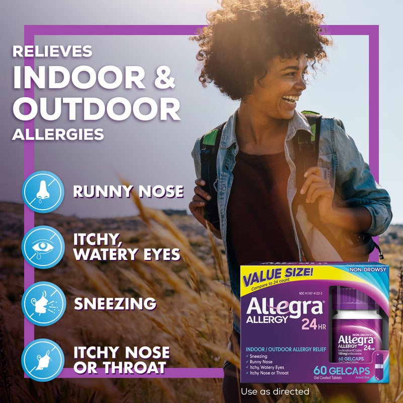 Allegra Adult 24HR Non-Drowsy Antihistamine Gelcaps, 60-Count, Fast-acting Allergy Symptom Relief, 180 mg - Image 2