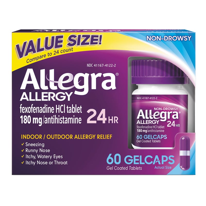 Allegra Adult 24HR Non-Drowsy Antihistamine Gelcaps, 60-Count, Fast-acting Allergy Symptom Relief, 180 mg - Image 1