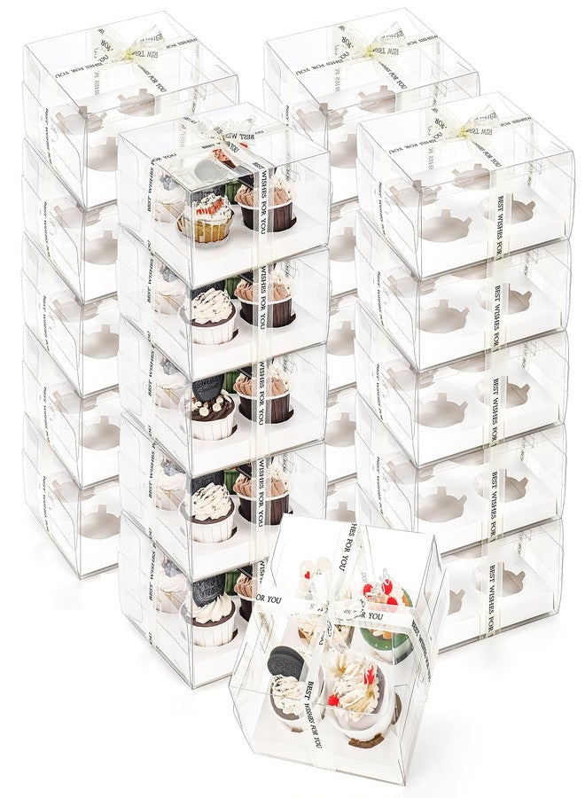 Cedilis 20 Pack Clear Cupcake Boxes with Gift Ribbon, 4 Count Plastic Cupcake Containers, Cupcake Carrier Holder for Treat Dessert Cookies Muffins Pastry Baby Shower Party - Image 1