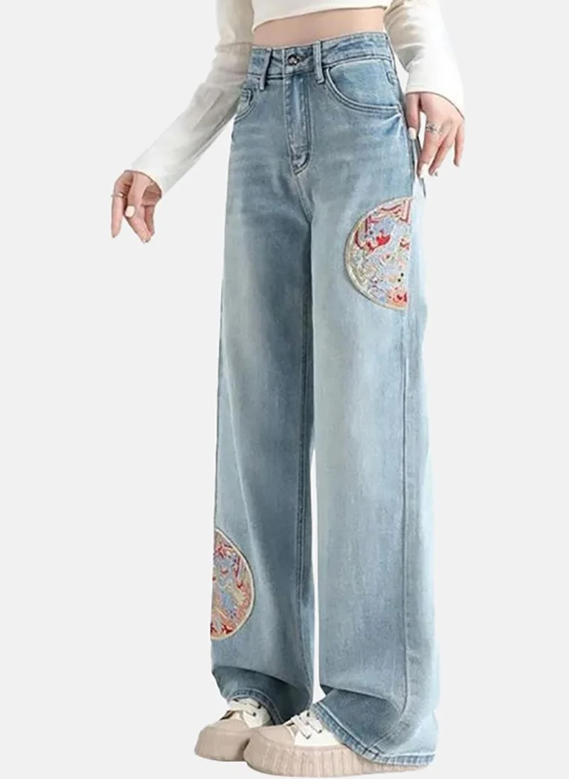 YUNIQEE Blue Embellished Mid Rise Straight Fit Straight Jeans