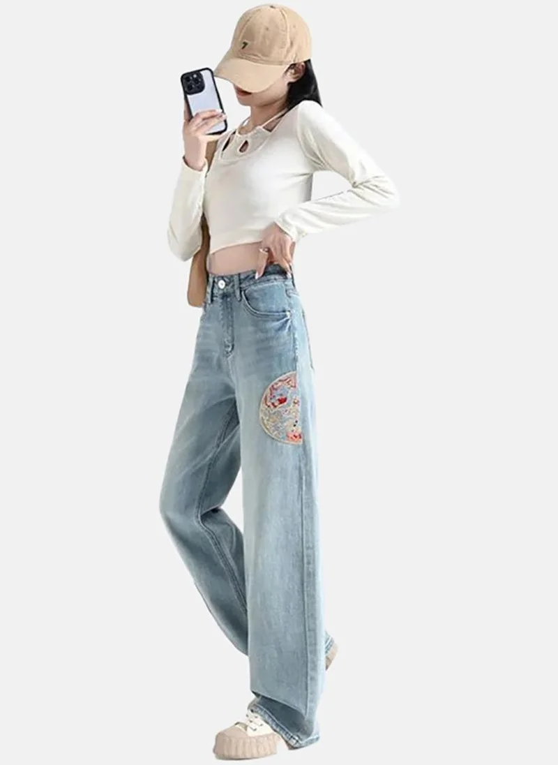 يونيكي Blue Embellished Mid Rise Straight Fit Straight Jeans